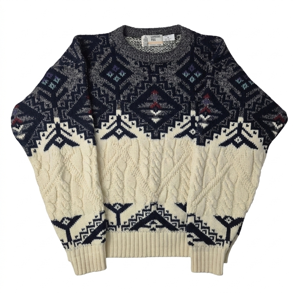 Vintage LONDON FOG Fair Isle Cable Knit Sweater | Made in USA | Wool Blend M